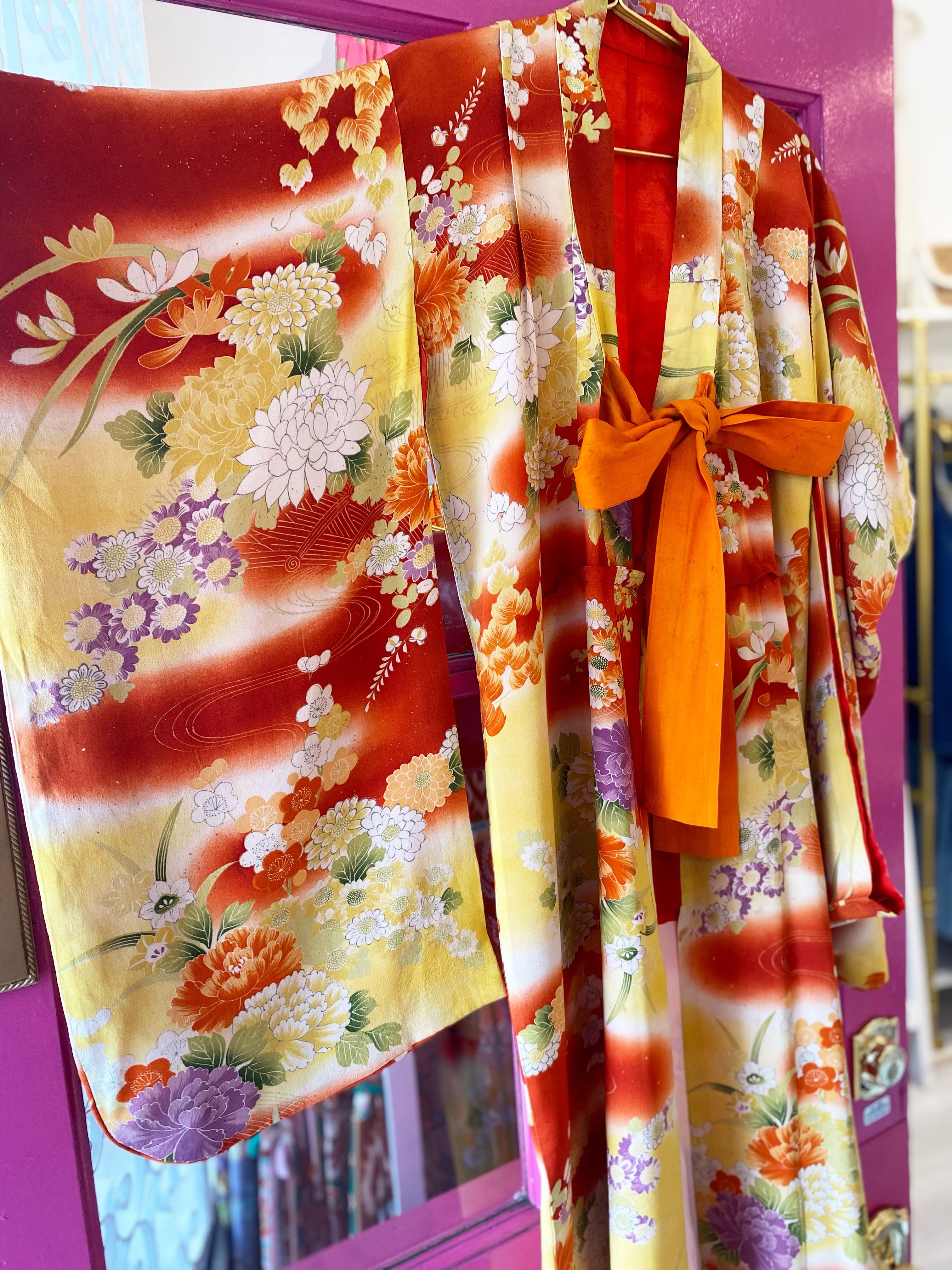 Vintage Japanese Silk Kimono - Orange 2024 with Flowers